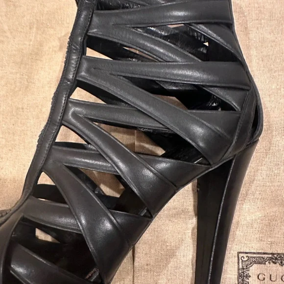 PRE-LOVED GUCCI Women's Calfskin LIFFORD Cage Platform Sandals 6" Heels - Picture 8 of 15